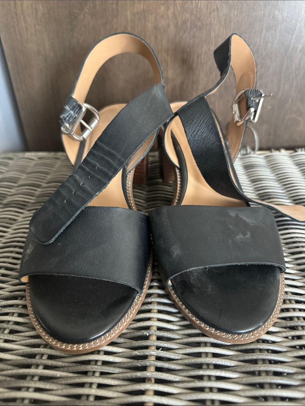 Franco Sarto Black Leather Open-Toe Slingback Heels